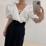 Casual Loose V Neck Sexy Blouses Women French Ruffles Women Tops Solid Lace Up Clothing Lantern Sleeve Female Shirts