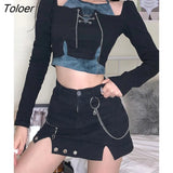 Gothic Tie Dye Print Patchwork Crop Tops Women With Chain Long Sleeve Skinny Slim T-Shirt Punk Style 90s Outfits