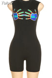 Printed Black Playsuits Women Y2K Clothes Summer 2023 Sexy Round Neck Sleeveless Zipper Bodycon Rompers Night Club