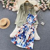 Autumn Women Floral Dress Suits Print Strap Dress+ Long Sleeves Loose Blazer Sets Office Lady Jackets Two Pieces