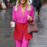 Women Suit Blazers VONDA Ladies Casual Lapel Coats Color Patchwork Autumn Office Formal Long Sleeve Thin Pant Sets no