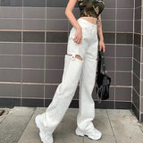 Rockmore Vintage Hollow Out Women'S Jeans Pockets White Harajuku Korean Baggy Straight Pants StreetWear Wide Leg