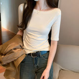 Solid Color Word Shoulder Slim Shows The Thin Bottom Shirt The Girl Autumn New Design Sense Middle Sleeve T-Shirt Hot Girl Blouse-Outfit