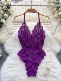 Female Sexy Lace Bodysuits Summer Sleeveless Halter Transparent Slim Rompers LadiesFrance Style Backless