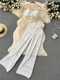 Women Summer Knitted Set Halter Short Tops+ Hollow Wide Leg Long Pants Sets Shell Beach Sexy Backless Two Piece