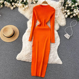 Autumn Senior Knitted Dress Women Long Sleeve Elastic Waist Split Sweater Dress Ladies Party Sexy Warm Long