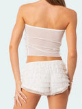Women Layered Ruffles 2 Piece Summer Outfits Lace Mesh See Through Off Shoulder Tube Tops Shorts Club Streetwear 2024-Outfit