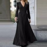 Women Sexy Formal Maxi Dress V Neck Long Sleeve Solid color Bandage Office Ladies Evening Party Prom Gown-Outfit