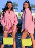 Pink Button Up Side Slit Turndown Collar Long Sleeves