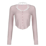 Pure Style Women's Dress Ins Street Lace Spliced U-Shaped Hem Button Long-Sleeved Sweater Women's Autumn-Outfit