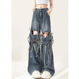 Mm Dopamine Wearing Gradient Love Straps With Ripped Jeans Women's Large Size Loose Thin Broad Leg