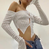 Casual grid Hollow Out Crop Top For Women Long Sleeve Sexy O Neck Pullover Slim Slant Button T Shirts Y2K 2021