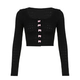 Bow Fashion Girl's Long-Sleeved Blouse 2024 New Lace Collar Hot Girl Fashion Navel T-Shirt-Outfit