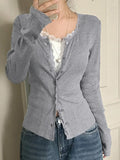 2025 New Simple Solid Color Lace Splicing Casual Buckle Knitted Long-Sleeved T-Shirt