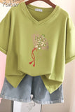 100% Cotton L-5XL Plus Size T Shirt Print Short Sleeve Women's Top Japanese Summer Sweet Couple V Neck Oversize T
