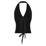 Trendy Sexy Strap Girded Waist Design Solid Sexy Hot Babes Hanging Neck Zipper Small Vest 2025