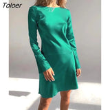 Satin Graceful A-Line Women's Dress Spring O-Neck Office Lady Glossy Flare Sleeve Mini Dress Casual Plain Soft Female
