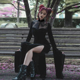 Lace Stitching Long Dress Sexy Split Split Hollowed-Out Dress With Long Horn Sleeves-Outfit