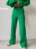 Women's Trousers Suit 2022 Winter Loose Solid Polo Neck Two Piece Set Casual Long Sleeve Knitwear+Wide Leg Pants