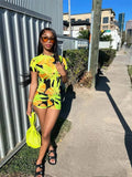 Summer Clothes Streetwear 2 Two Peice Set Women Outfits Short Sleeve Crop Top 2022 Skinny Shorts Suits Print Matching