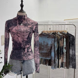 Shooting Denim Pattern Dye Printing Retro Babes Thin Mesh T-Shirt High-Necked Long Sleeve Bottom Shirt Top