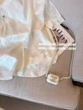 Chinese Style Disc Button Round Neck Jacquard Satin Shirt Women 2024 Summer French Casual Chic Short-Sleeved Blouse-Outfit