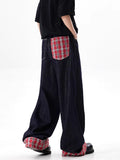 Sales Retro Washing Plaid Splicing Crimped Dark Men's And Women's Jeans Straight Sweep Long Trousers-Outfit