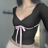 Girl Sexy Square Collar Tight Show Thin Color Lace Long-Sleeved T-Shirt 2023 Autumn Fold Waist Pure Desire Blouse-Outfit