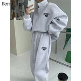 2022 Women Cotton Sweatshirt Suit Oversized Sets Female Stand Collar Loose Sweatshirt + Long Pants Suits Short