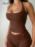Solid Summer Halter Two Piece Sets Fashion Outfit Halter Backless Crop Top and Shorts Matching Set Slim Co-Ord