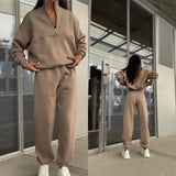 Piece Sets Women Solid Stand Collar Zipper Full Sleeve Tops Straight Long Pants Set Splice Loose Casual Autumn Winter 2023-Outfit