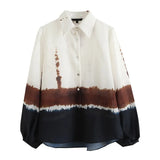 Women 2 Piece Set Elegant Tie Dye Printed Batwing Long Sleeve Turn Down Shirts Tops With High Waist A Line Midi