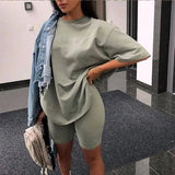 Biker Shorts Tracksuit 2 Pieces Set Female Solid Sets With Belt Half Sleeve 2021 Summer Streetwear Loose Casual New
