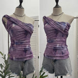 Yarn Printed Slanted Shoulder Sling Vest Retro Design Folding Temperament Short Blouse