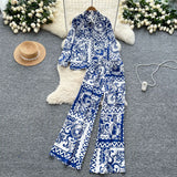 Familiar Wind Wearing A Female Fashionable Loose-Fitting Long-Sleeved Printed Shirt + High-Waisted Casual Broad-Legged Trousers