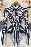 Women Bodysuit 2023 New Autumn Fashion Stand Collar Long Sleeve Body Top Casual Streetwear Floral Print Sexy Skinny Bodycon