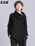 Women Black Zipper Irregular Big Size Casual T-shirt New Turtleneck Long Sleeve Fashion Tide Spring Autumn 2023