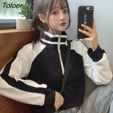 Hat Hoodies Sweatshirts Short Length Striped Zipper Turtleneck Spring Autumn Fashion Streetwear Chic All-match Ulzzang