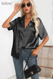 Summer Short Sleeve Shirt Solid Satin Silk Shirt Button Up Blouse Loose Office Ladies Tops Casual Shirts Elegant