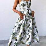 Summer Flower Dress Sexy Spaghetti Strap Floral Printed Sundress Fashion Backless Pocket Sunflower Plus Size Beach