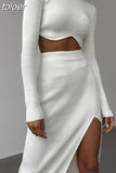 Autumn Sexy Solid Ribbed 2 Two Piece Sets Club Outfit For Women 2023 Long Sleeve O Neck Crop Top And Skirt Sets