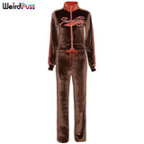 Women Tracksuit Letter Print Velvet 2 Piece Outfit Sweatshirt+Straight Sweatpants Matching Set Fitness Sporty