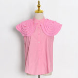 White Fold Pleated Shirt For Women Peter Pan Collar Sleeveless Solid Minimalist Button Through Blouse Female