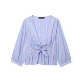 New Female Decoration Bows Striped V Collar Short Shirt Casual Trousers