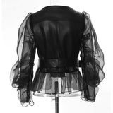 New Domineering Splicing Mesh Perspective Leather Locomotive Jacket Jacket Women