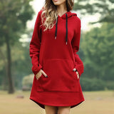 Solid Hoodies Dress Autumn Warm Oversized Long Sleeve Sweatshirt Casual Pocket Irregular Hem Female Long Hoody