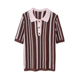 New Striped Collar Short Sleeve Loose Blouse High-Waist Three-Point Shorts Knitwear Two-Piece