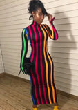 Colorful Stripes Turtleneck Long Bodycon