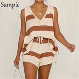 v neck summer khaki knitted drawstring 2 piece women set casual beach striped two piece set crop top and shorts