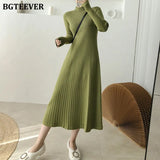 Elegant Warm Half Turtleneck Ladies A-Line Sweater Dress Full Sleeve Slim Waist Women Knitted Mid-Calf Vestidos
